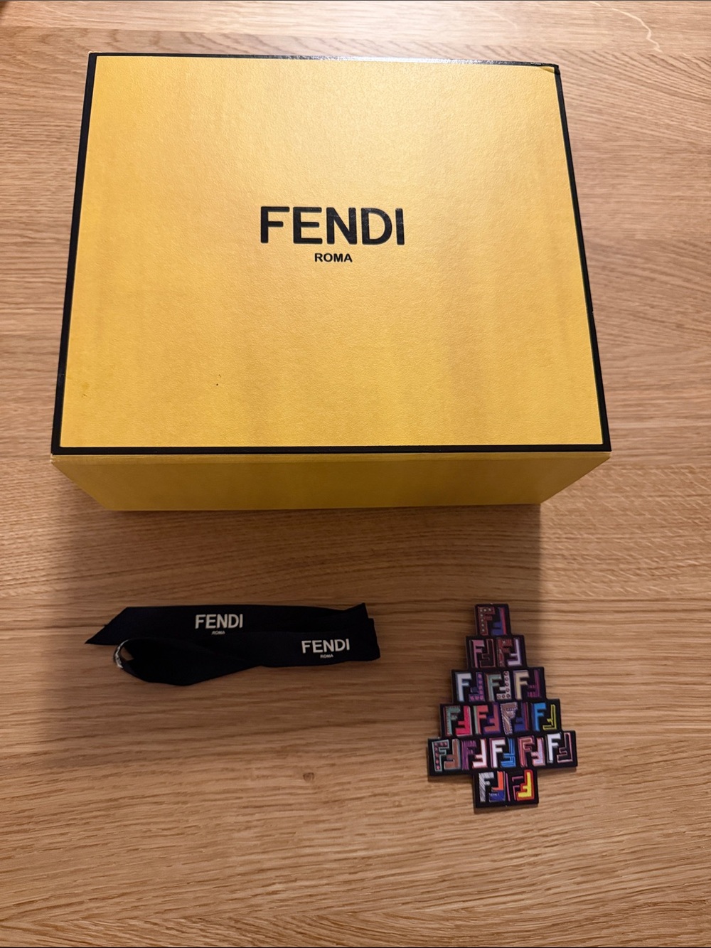 Fendi Yellow Box (9.75” x 8.5” x 3.75”  with Black Ribbon and Christmas Gift Tag